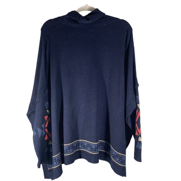 J. Jill Poncho Style Sweater Cowl Neck Aztec Southwestern Blue Large Petite - Picture 2 of 9